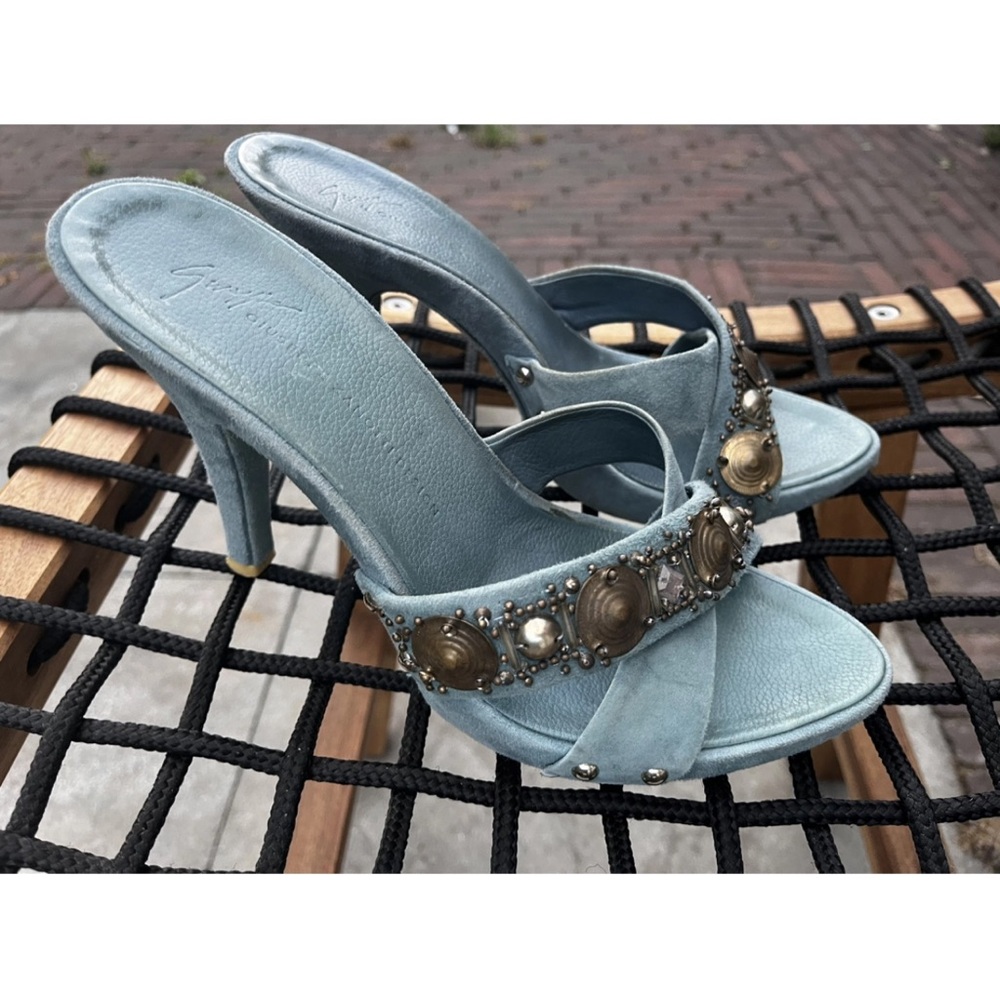 Giuseppe Zanotti Pale Blue Suede Embellished Slide Sandals - Picture 6 of 10